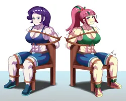 Size: 800x640 | Tagged: suggestive, artist:tzc, derpibooru import, rarity, sour sweet, equestria girls, abs, bondage, breasts, buff, chair, clothes, commission, duo, duo female, female, fetish, gritted teeth, image, jpeg, muscle fetish, muscles, muscular female, rope, rope bondage, shoes, shorts, sneakers, sports bra, teeth