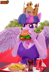 Size: 2622x3840 | Tagged: suggestive, artist:trailssfm, derpibooru import, twilight sparkle, twilight sparkle (alicorn), alicorn, anthro, 3d, breasts, burger, burger king, busty twilight sparkle, cleavage, clothes, coca-cola, crown, cute, eating, fast food, female, food, french fries, image, jewelry, ketchup, parody, png, regalia, sauce, solo, solo female, tanktop, that pony sure does love burgers, wings