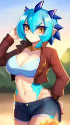 Size: 864x1536 | Tagged: suggestive, derpibooru import, editor:sammykun, machine learning assisted, machine learning generated, novelai, stable diffusion, princess ember, dragon, human, angry, breasts, bust, cleavage, clothes, denim, denim shorts, dragon eyes, dragoness, female, hand on hip, horns, humanized, image, jacket, jpeg, looking at you, midriff, reasonably sized breasts, scales, serious, serious face, shirt, shorts, solo, solo female, white shirt