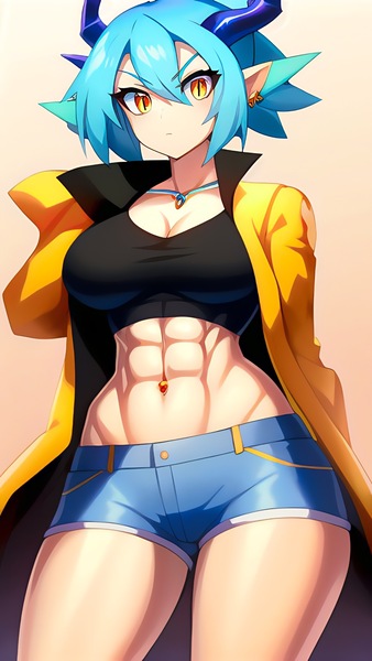 Size: 864x1536 | Tagged: suggestive, derpibooru import, editor:sammykun, machine learning assisted, machine learning generated, novelai, stable diffusion, princess ember, dragon, human, abs, angry, breasts, bust, cleavage, clothes, denim, denim shorts, dragon eyes, dragoness, female, horns, humanized, image, jacket, jpeg, looking at you, midriff, reasonably sized breasts, scales, serious, serious face, shirt, shorts, solo, solo female
