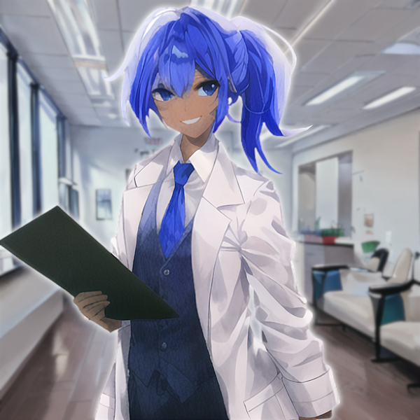 Size: 1024x1024 | Tagged: safe, derpibooru import, editor:jesterofdestiny, machine learning generated, stable diffusion, minuette, human, anime style, clothes, dentist, folder, humanized, image, lab coat, looking at you, necktie, png, ponytail, smiling, solo, vest