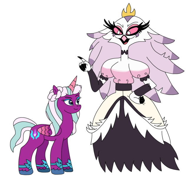 Size: 2408x2275 | Tagged: safe, artist:supahdonarudo, derpibooru import, alicorn, avian, demon, spoiler:g5, crossover, g5, helluva boss, image, opaline arcana, png, simple background, stella (helluva boss), transparent background