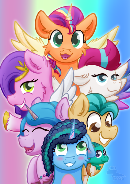 Size: 2480x3508 | Tagged: safe, artist:exobass, derpibooru import, hitch trailblazer, izzy moonbow, pipp petals, sparky sparkeroni, sunny starscout, zipp storm, alicorn, earth pony, pegasus, pony, unicorn, g5, my little pony: a new generation, female, group, image, mare, misty brightdawn, my little pony, png, race swap, sunnycorn