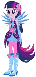 Size: 267x562 | Tagged: safe, artist:selenaede, artist:user15432, derpibooru import, twilight sparkle, twilight sparkle (alicorn), alicorn, human, equestria girls, legend of everfree, base used, blue wings, boots, clothes, crystal, crystal guardian, crystal wings, gloves, high heel boots, high heels, image, magical geodes, png, ponied up, shoes, simple background, smiling, super ponied up, white background, wings
