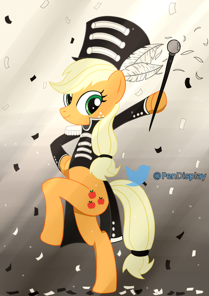 Size: 2480x3507 | Tagged: safe, derpibooru import, applejack, earth pony, pony, beautiful, bipedal, cane, image, jpeg, my chemical romance, parade, quill, smiling, solo, welcome to the black parade