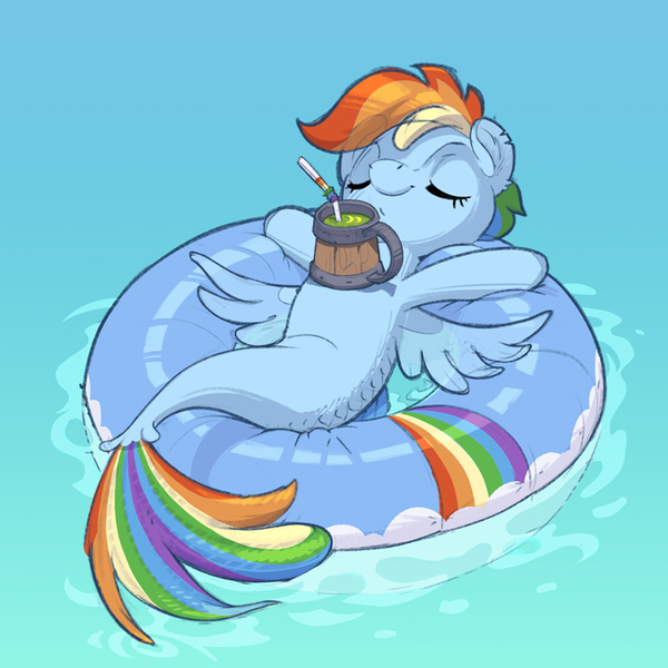 Size: 750x750 | Tagged: safe, artist:gor1ck, derpibooru import, rainbow dash, pegasus, pony, seapony (g4), advertisement, belly, chillaxing, cider, commission, digital art, dorsal fin, eyes closed, female, image, inflatable, jpeg, mare, mug, scales, seaponified, seapony rainbow dash, smiling, solo, species swap, spread wings, straw, tail, water, wings, ych example, your character here