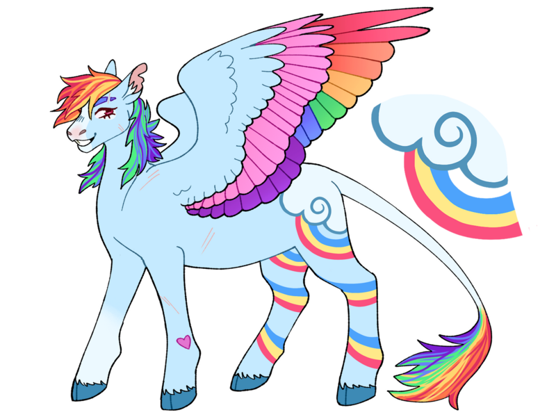 Size: 1280x960 | Tagged: safe, artist:s0ftserve, derpibooru import, rainbow dash, pony, alternate design, cloven hooves, colored hooves, colored wings, extended cutie mark, headcanon, heart mark, image, leonine tail, multicolored wings, png, rainbow wings, redesign, simple background, solo, torn ear, transparent background, two toned wings, wings