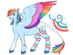 Size: 1280x960 | Tagged: safe, artist:s0ftserve, derpibooru import, rainbow dash, pony, alternate design, cloven hooves, colored hooves, colored wings, extended cutie mark, headcanon, heart mark, image, leonine tail, multicolored wings, png, rainbow wings, redesign, simple background, solo, torn ear, transparent background, two toned wings, wings