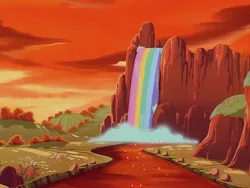 Size: 960x720 | Tagged: safe, derpibooru import, screencap, escape from catrina, my little pony 'n friends, dream valley, dusk, g1, image, no pony, png, rainbow, scenery, water, waterfall