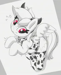 Size: 2030x2491 | Tagged: safe, artist:pabbley, derpibooru import, rainbow dash, pegasus, pony, animal costume, blushing, clothes, costume, cow costume, cow horns, cowprint, cute, dashabetes, emanata, female, grayscale, high res, horns, image, jpeg, mare, monochrome, partial color, plewds, rainbovine dash, rainbow dash always dresses in style, solo, sweat, sweatdrops