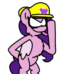 Size: 1275x1414 | Tagged: safe, artist:professorventurer, derpibooru import, pipp petals, pony, bipedal, g5, image, leaning forward, onomatopoeia, pippamena, png, raspberry, raspberry noise, simple background, solo, tongue out, wario, white background