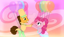 Size: 1024x600 | Tagged: safe, artist:velveagicsentryyt, derpibooru import, cheese sandwich, pinkie pie, pony, balloon, cheesepie, clothes, dress, female, floating, image, jpeg, male, shipping, straight, suit, then watch her balloons lift her up to the sky