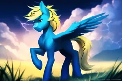 Size: 4608x3072 | Tagged: safe, derpibooru import, machine learning generated, lightning bolt, white lightning, oc, oc:thunder lightning, unofficial characters only, pegasus, pony, grass, grass field, image, male, pegasus oc, png, raised hoof, solo, spread wings, wings