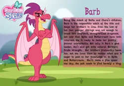 Size: 3014x2102 | Tagged: safe, artist:aleximusprime, derpibooru import, oc, oc:barb the dragon, dragon, flurry heart's story, bio, crossed arms, dragon oc, dragoness, female, image, non-pony oc, png, spike's family, spike's sister, story included