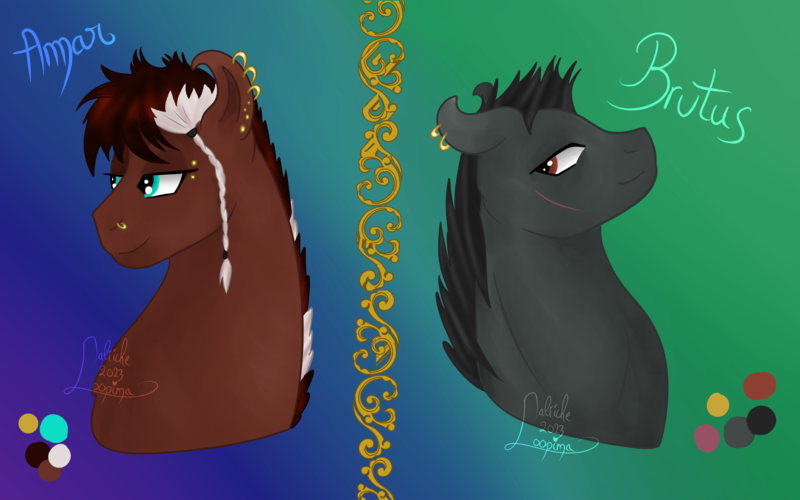 Size: 4000x2500 | Tagged: safe, artist:loopina, derpibooru import, oc, oc:amar, oc:brutus, pony, saddle arabian, bust, buste, image, male, png, portrait, simple background, stallion