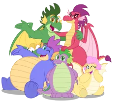 Size: 4129x3435 | Tagged: safe, artist:aleximusprime, derpibooru import, spike, oc, oc:barb the dragon, oc:buttercream the dragon, oc:scorch the dragon, oc:singe the dragon, dragon, flurry heart's story, adult, adult spike, chubby, cute, dragon oc, dragoness, family photo, fat, fat spike, female, happy, image, non-pony oc, northern drake, older, older spike, one eye closed, plump, png, sitting, spike's brother, spike's family, spike's sister, wink