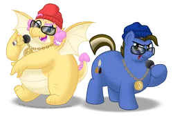 Size: 5167x3476 | Tagged: safe, artist:aleximusprime, derpibooru import, oc, oc:buttercream, oc:fudge cookie, dragon, beanie, chubby, commission, dragon oc, dragoness, fat, female, freckles, hat, image, medallion, microphone, non-pony oc, plump, png, rapper, rapping, spread wings, sunglasses, wings