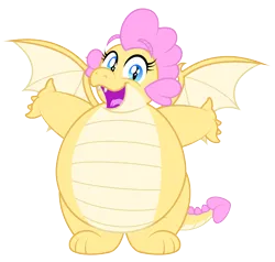 Size: 3423x3259 | Tagged: safe, artist:aleximusprime, derpibooru import, oc, oc:buttercream the dragon, dragon, flurry heart's story, chubby, dragon oc, dragoness, fat, female, happy, hug request, image, non-pony oc, plump, png, spread wings, wings