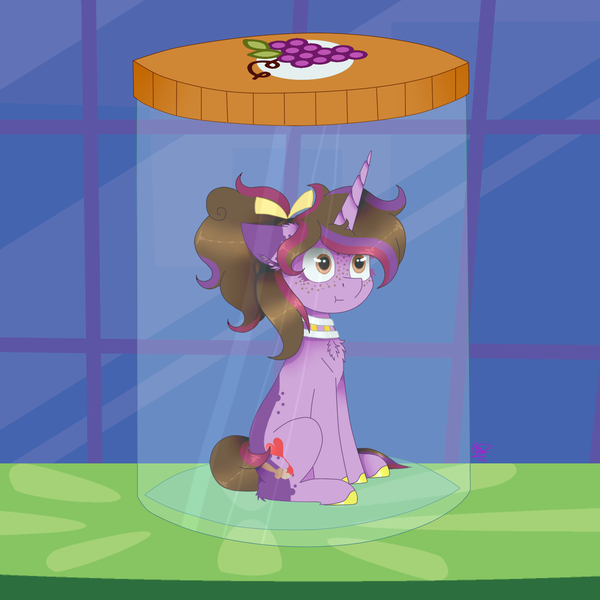 Size: 1300x1300 | Tagged: safe, artist:kathepart, derpibooru import, oc, oc:kathepaint, unicorn, collar, hair bun, image, jar, png, pony in a bottle, sitting, surprised, table