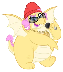 Size: 2867x3259 | Tagged: safe, artist:aleximusprime, derpibooru import, oc, oc:buttercream the dragon, dragon, flurry heart's story, beanie, chubby, cute, dragon oc, dragoness, fat, female, hat, image, medallion, microphone, non-pony oc, plump, png, rapper, rapping, sunglasses