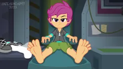 Size: 8000x4500 | Tagged: safe, alternate version, artist:metalhead97, derpibooru import, scootaloo, human, equestria girls, equestria girls series, annoyed, barefoot, chair, clothes, cute, cutealoo, feet, female, fetish, foot fetish, foot focus, image, indoors, laboratory, png, reclining, shoes, short hair, sitting, teeth, worried