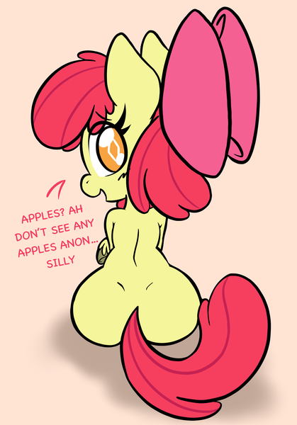 Size: 1668x2388 | Tagged: safe, artist:shinkaku, derpibooru import, apple bloom, earth pony, pony, bloom butt, butt, dimples of venus, female, filly, foal, foalcon, image, looking at you, looking back, looking back at you, png, simple background, solo, text, underage