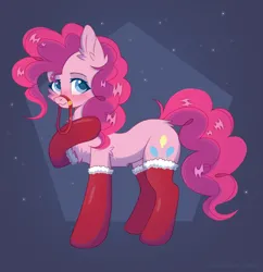 Size: 1744x1798 | Tagged: safe, artist:belkaart0w0, derpibooru import, pinkie pie, earth pony, pony, blushing, bridle, chest fluff, clothes, cute, diapinkes, ear fluff, female, image, mare, png, raised hoof, reins, socks, solo, stockings, tack, thigh highs