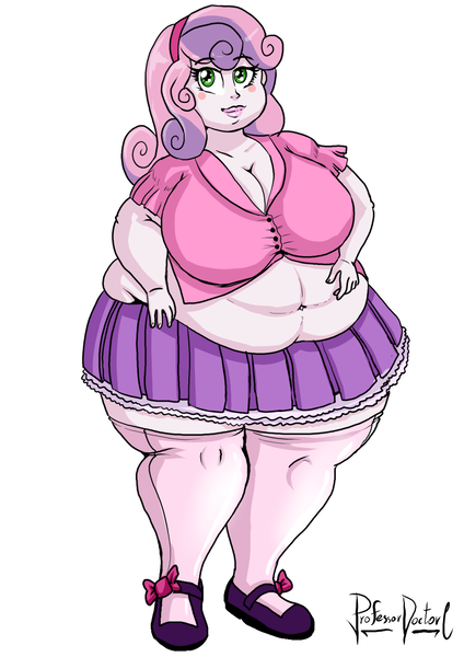 Size: 800x1131 | Tagged: safe, artist:professordoctorc, derpibooru import, sweetie belle, human, equestria girls, bbw, belly, big belly, big breasts, breasts, cleavage, clothes, fat, image, mary janes, midriff, png, shoes, simple background, skirt, socks, stockings, sweetie belly, thigh highs, zettai ryouiki