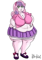 Size: 800x1131 | Tagged: safe, artist:professordoctorc, derpibooru import, sweetie belle, human, equestria girls, bbw, belly, big belly, big breasts, breasts, cleavage, clothes, fat, image, mary janes, midriff, png, shoes, simple background, skirt, socks, stockings, sweetie belly, thigh highs, zettai ryouiki