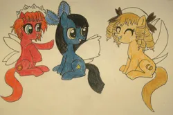 Size: 900x596 | Tagged: safe, artist:rachieeeeee, derpibooru import, ponified, fairy, pony, female, filly, foal, image, jpeg, luna child, star sapphire (touhou), sunny milk, touhou, traditional art, trio