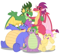 Size: 1280x1065 | Tagged: safe, artist:aleximusprime, derpibooru import, spike, oc, oc:barb the dragon, oc:buttercream the dragon, oc:scorch the dragon, oc:singe the dragon, dragon, arm behind back, curvy, dragon oc, dragoness, family photo, fangs, fat, fat spike, female, hand on face, hand on head, hand on shoulder, image, male, non-pony oc, one eye closed, open mouth, open smile, png, simple background, sitting, smiling, spike's family, spread wings, standing, transparent background, wings, wink