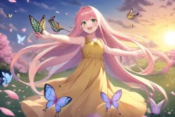 Size: 768x512 | Tagged: safe, derpibooru import, machine learning generated, stable diffusion, fluttershy, butterfly, human, insect, barely pony related, clothes, dress, flower, happy, humanized, image, looking at you, open mouth, outdoors, pink hair, png, sky, solo, sun, sunset, yellow dress