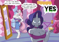 Size: 1250x900 | Tagged: suggestive, artist:ennbee, derpibooru import, rarity, sweetie belle, anthro, unguligrade anthro, unicorn, angry, bare shoulders, big breasts, bra, breast envy, breast size difference, breasts, busty rarity, busty sweetie belle, butt grab, butt touch, choker, cleavage, clothes, cracks, cross-popping veins, dialogue, door, duo, duo female, envy, female, females only, glass, gritted teeth, grope, huge breasts, image, mirror, older, older sweetie belle, pants, png, siblings, sisters, speech bubble, teeth, text, underwear, vein bulge, window