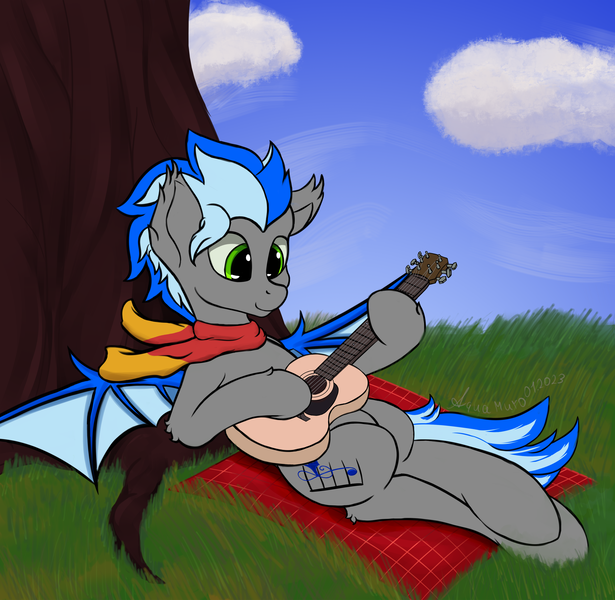 Size: 3720x3632 | Tagged: safe, alternate version, artist:aquamuro, derpibooru import, oc, oc:alex batovsky, bat pony, pony, bat pony oc, bat wings, clothes, commission, ear fluff, fluffy, guitar, image, lying down, musical instrument, on back, picnic blanket, playing guitar, png, scarf, signature, sketch, smiling, spring, tree, two toned mane, wings