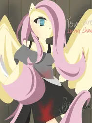 Size: 768x1024 | Tagged: semi-grimdark, artist:bridge, derpibooru import, fluttershy, pegasus, pony, semi-anthro, .mov, shed.mov, autograph, blood, blood on face, breasts, clothes, ear piercing, earring, image, jewelry, knife, looking at you, piercing, png, skirt, smiling, solo, spread wings, text, wings