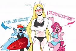 Size: 1081x721 | Tagged: safe, artist:redxbacon, derpibooru import, pinkie pie, rainbow dash, oc, oc:candid, anthro, earth pony, horse, pegasus, arrow, belly button, bikini, blonde mane, blushing, candy, clothes, dialogue, facial markings, facial scar, food, happy, image, jpeg, scar, simple background, surfboard, swimsuit, white background