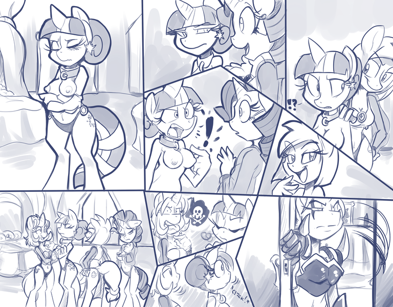 Size: 3200x2500 | Tagged: questionable, artist:bluntwhiskey, banned from derpibooru, deleted from derpibooru, derpibooru import, rarity, twilight sparkle, anthro, unicorn, breasts, clothes, collar, comic, female, hair bun, image, monochrome, my little slave, nipples, nudity, panties, png, underwear