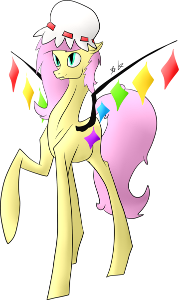 Size: 1024x1710 | Tagged: safe, artist:breeoche, derpibooru import, fluttershy, bat pony, pony, bat ponified, clothes, cosplay, costume, female, flandershy, flandre scarlet, flutterbat, hat, image, long legs, mare, png, race swap, slim, sternocleidomastoid, tall, thin, touhou