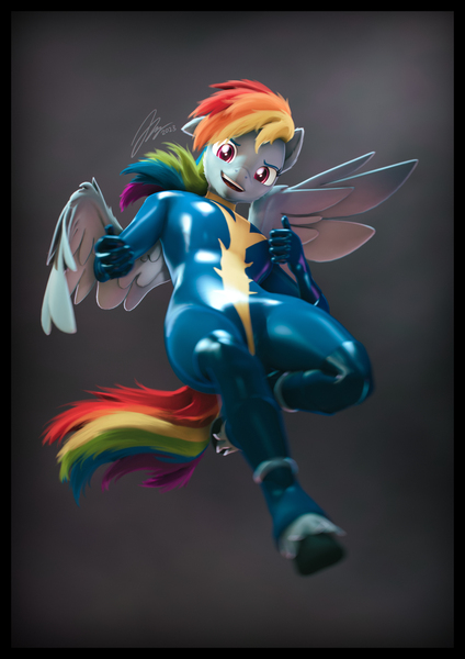 Size: 4000x5656 | Tagged: suggestive, artist:imafutureguitarhero, derpibooru import, part of a set, rainbow dash, anthro, pegasus, pony, unguligrade anthro, 3d, :d, absurd resolution, boots, border, cheek fluff, chin fluff, chromatic aberration, clothes, colored eyebrows, colored eyelashes, ear fluff, female, film grain, floppy ears, fluffy, fluffy hair, fluffy mane, fluffy tail, gloves, hoof boots, hoof fluff, image, jpeg, latex, latex boots, latex gloves, latex suit, looking at you, low angle, mare, multicolored hair, multicolored mane, multicolored tail, neck fluff, nose wrinkle, one ear down, open mouth, open smile, paintover, revamped anthros, revamped ponies, sexy, shiny, shoes, signature, skintight clothes, smiling, smiling at you, solo, solo female, source filmmaker, tail, thumbs up, underhoof, uniform, unshorn fetlocks, vertical, wall of tags, wing fluff, wings, wonderbolts uniform