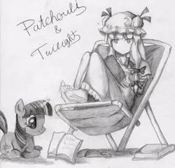 Size: 568x548 | Tagged: safe, artist:koacocoa, derpibooru import, twilight sparkle, human, pony, unicorn, book, crossover, female, image, jpeg, mare, monochrome, patchouli knowledge, reading, touhou, twichouli, unicorn twilight