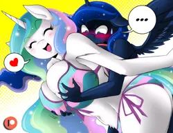 Size: 1018x785 | Tagged: suggestive, artist:boastudio, derpibooru import, princess celestia, princess luna, alicorn, anthro, ..., belly button, blushing, breast grab, breasts, busty princess celestia, butt, clothes, eyes closed, female, grope, image, open mouth, png, royal sisters, siblings, sisters, sunbutt, sweat, sweatdrop, swimsuit