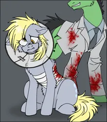 Size: 1211x1377 | Tagged: semi-grimdark, artist:mechanakal, derpibooru import, derpy hooves, oc, oc:anon, oc:anon stallion, earth pony, pegasus, pony, abuse, amputation, bandage, belly fluff, blood, blood splatter, blood stains, cheek fluff, chest fluff, clothes, commission, cross-eyed, crying, derpibooru exclusive, derpybuse, duo, elizabethan collar, eye clipping through hair, female, fluffy, gray background, grin, image, lab coat, looking at you, male, mare, messy mane, necktie, nose wrinkle, png, sad, shiny mane, simple background, sinister, sitting, smiling, stallion, standing, teary eyes, wavy mouth, wingless