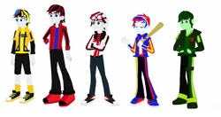 Size: 1374x728 | Tagged: safe, artist:robertsonskywa1, derpibooru import, equestria girls, baseball bat, clothes, equestria girls (g5), g5, hound, image, inferno, jpeg, male, multicolored hair, photo, prowl, redesign, smokescreen, sunstreaker, transformers