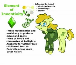 Size: 1961x1667 | Tagged: safe, artist:magoconut, derpibooru import, oc, oc:fiddleford mcgucket, ponified, unofficial characters only, earth pony, pony, alternate elements of harmony, alternate universe, clothes, crossover, deformed, element of inventivity, gravity falls, image, jpeg, male, offspring, product of incest, solo, stallion, vulgar cutie mark