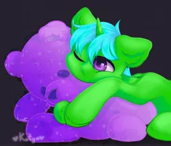 Size: 2403x2048 | Tagged: safe, alternate version, artist:kotya, derpibooru import, oc, oc:green byte, pony, unicorn, commission, image, jpeg, male, plushie, simple background, stallion, teddy bear, ych result