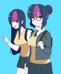 Size: 1713x2048 | Tagged: safe, artist:cheesesauce_45, derpibooru import, sci-twi, twilight sparkle, human, backpack, blue background, breasts, busty twilight sparkle, duo, female, holding hands, humanized, image, jpeg, light skin, necktie, open mouth, open smile, simple background, smiling, sweat, sweatdrop, sweater vest, twolight