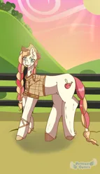 Size: 962x1680 | Tagged: safe, artist:cutiechimereon, derpibooru import, oc, oc:caramel apple, unofficial characters only, earth pony, pony, clothes, cowboy hat, female, fence, freckles, hat, image, mare, offspring, parent:big macintosh, parent:fluttershy, parents:fluttermac, plaid shirt, png, shirt, solo, straw in mouth, sun, sunset