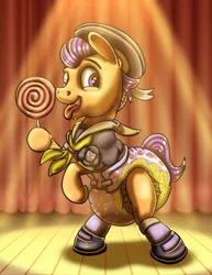 Size: 786x1017 | Tagged: safe, artist:amalgamzaku, derpibooru import, tender taps, earth pony, pony, bipedal, candy, clothes, colt, curtains, diaper, foal, food, happy, image, jpeg, light, lollipop, male, poofy diaper, sailor uniform, smiling, solo, stage, tongue out, uniform