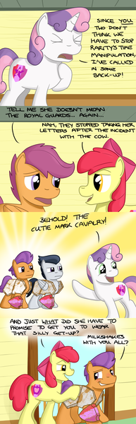 Size: 1078x3360 | Tagged: artist needed, safe, derpibooru import, apple bloom, rumble, scootaloo, sweetie belle, tender taps, earth pony, pegasus, pony, unicorn, clubhouse, colt, comic, crusaders clubhouse, cutie mark crusaders, female, filly, foal, image, male, png, text