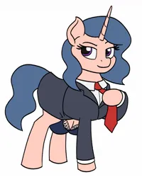 Size: 913x1140 | Tagged: suggestive, artist:mkogwheel, derpibooru import, oc, oc:cans churner, unofficial characters only, pony, unicorn, big crotchboobs, bra, business suit, clothes, crotchboobs, crotchbra, female, image, jpeg, mare, necktie, nudity, simple background, skirt, solo, solo female, underwear, white background